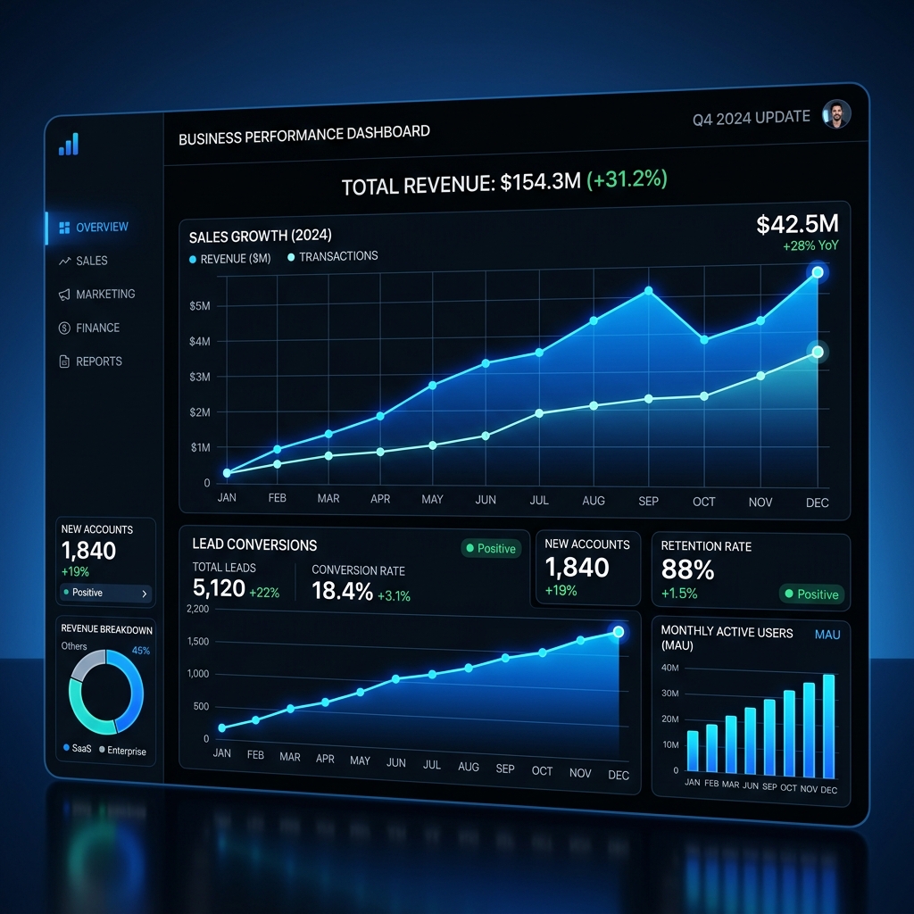 Sales growth and analytics metrics charts